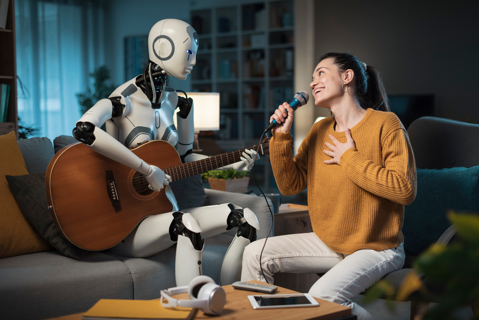 Roboter begleitet singende Frau auf Gitarre